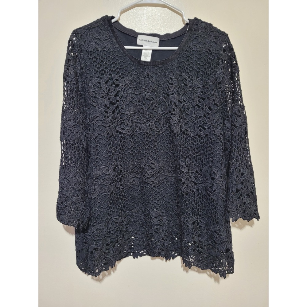 Alfred Dunner Lace Blouse Women XL Black 3/4 Sleeve Floral‎ Lined Top